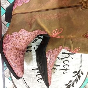Ariat pink stingray print and brown cowboy boots.